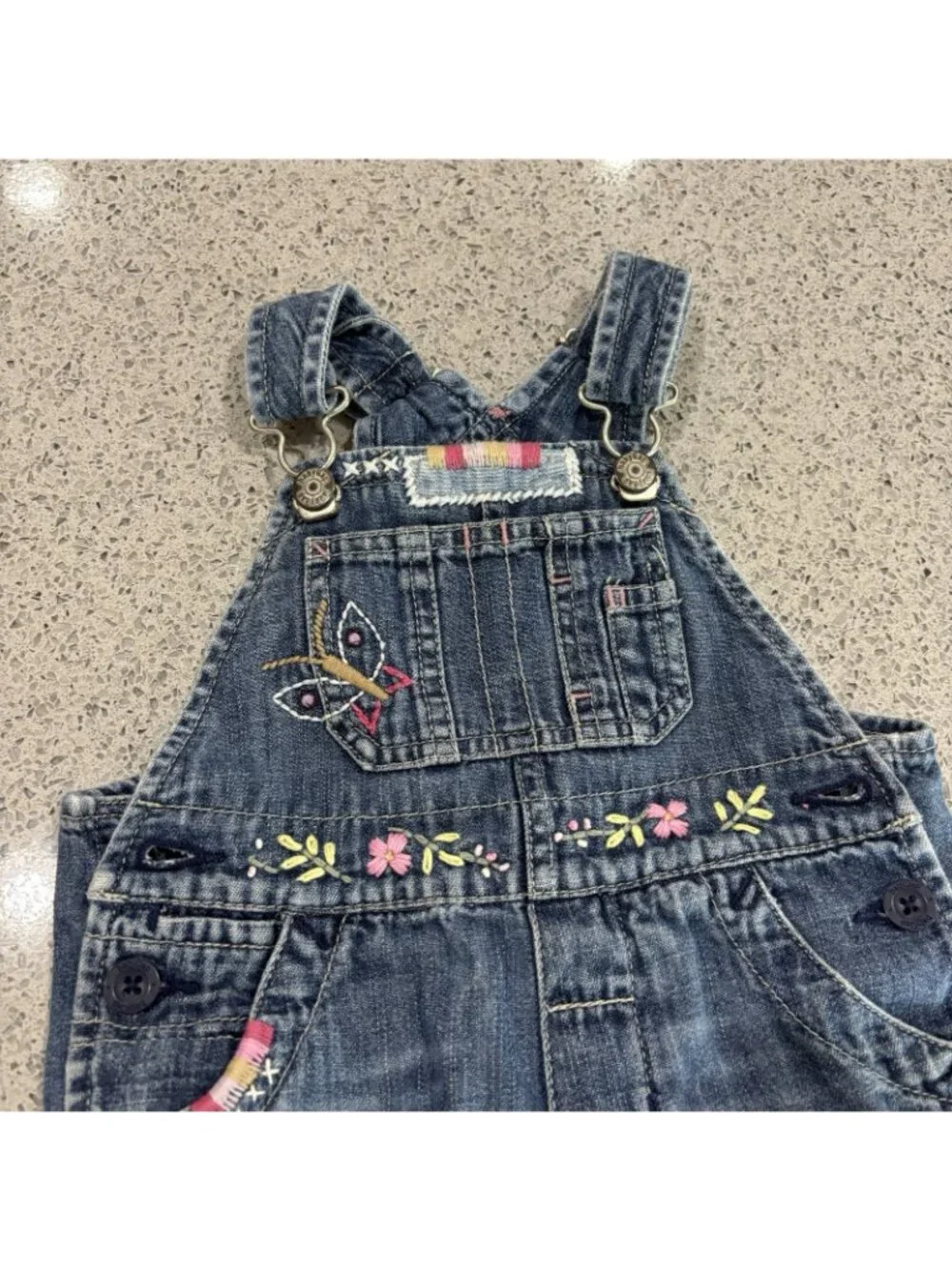 Baby Gap Denim Overalls Girls 12-18 Months Floral Embroidery Patch Distressed